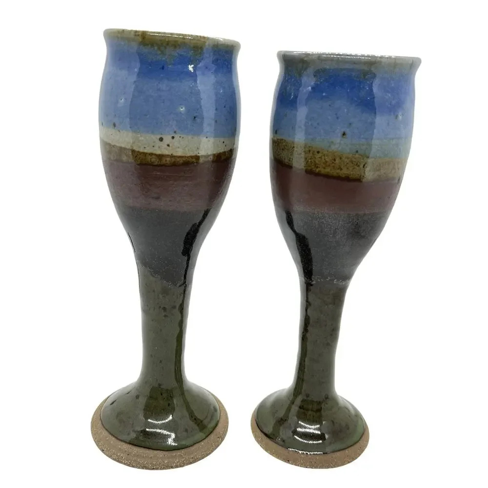 Wine Goblets Flutes Set of Four Ceramic Handmade 1984 Vintage Blue Brown Retro